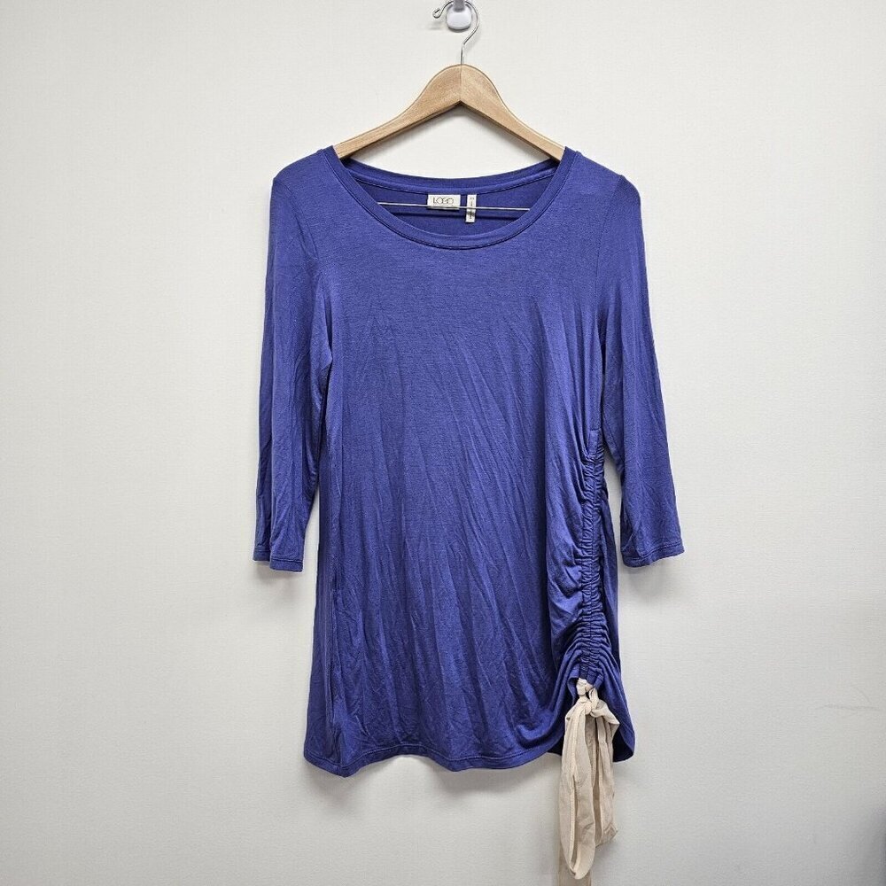LOGO Lori Goldstein Womens Tunic Stretch Top 3/4 Sleeve Side Ruche Ribbon Tie XS